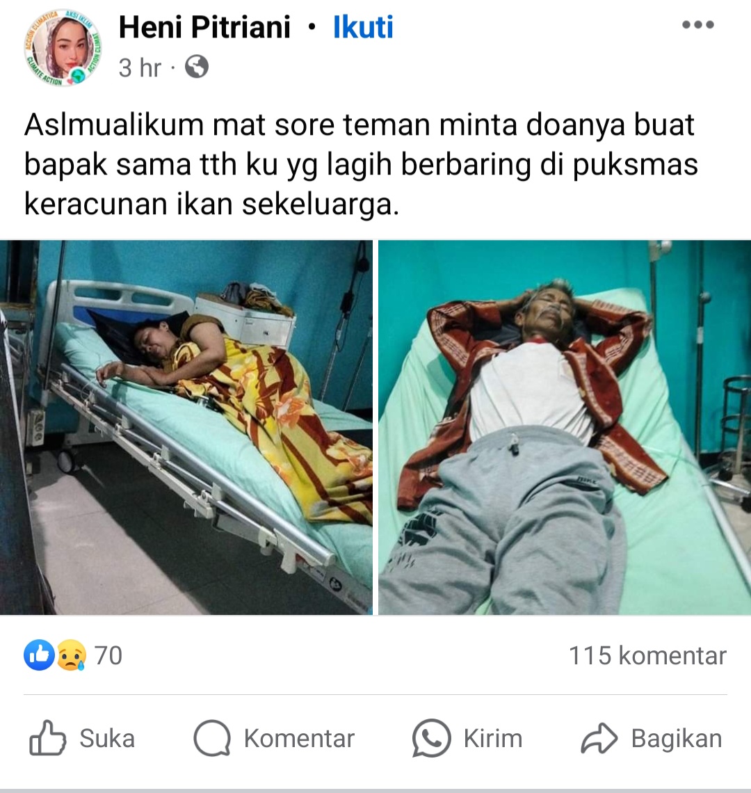 Foto kondisi warga cibitung yang dirawat di Puskesmas lantaran diduga keracunan ikan layang. (Dokumen Facebook)